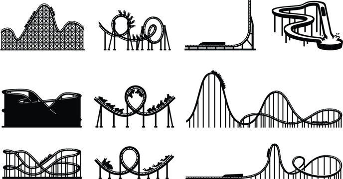 Roller coaster silhouettes with loops, drops and curves for amusement park ride design concepts