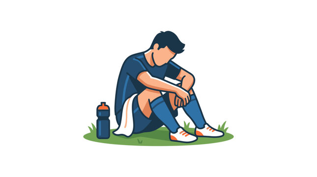 Young man sitting on grass alone.