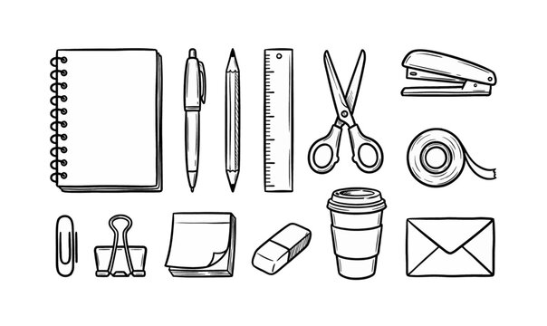 Collection of Office supplies on a white background.