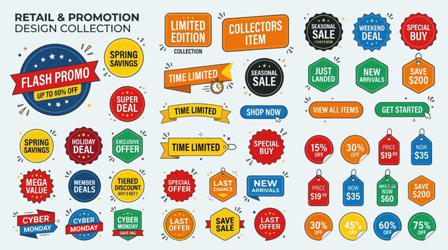 Vibrant promotional labels and discount badges collection for retail marketing campaigns, offering diverse design elements for seasonal sales and special offers