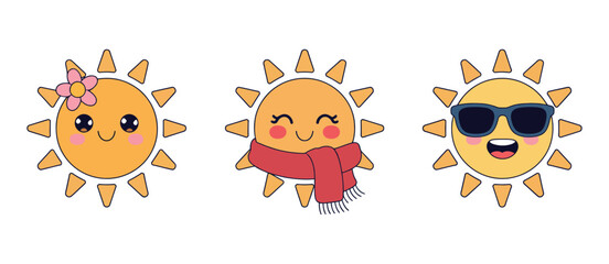Fototapeta premium Kawaii sun icons featuring cute weather characters with flower, scarf, sunglasses, and seasonal expressions for vector illustration