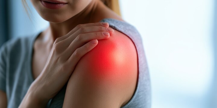 Girl touches sore shoulder with acute joint neck ache. Glowing red light muscle body area. Vascular spasm, tendon strain, arthritis trauma symptom. Sports injury. Athletic female feeling pain injury.