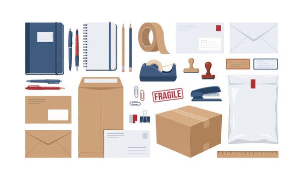 Collection of Brown cardboard shipping boxes and office supplies.
