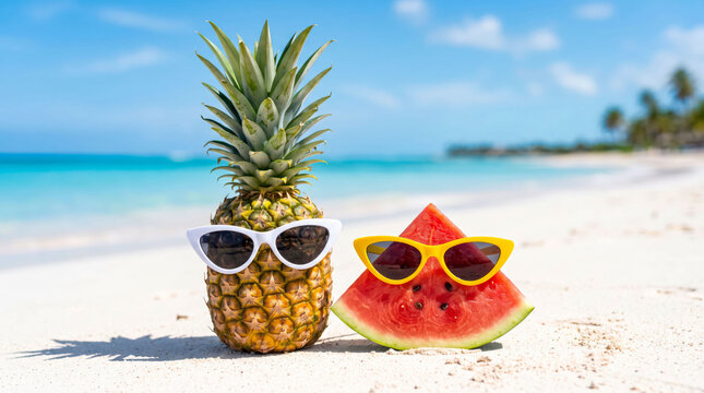 Pineapple and watermelon wearing sunglasses on a beach