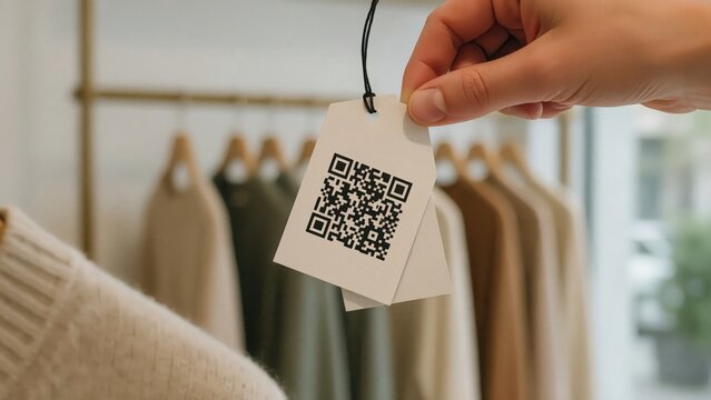Hand holding two price tags with QR code in a clothing store