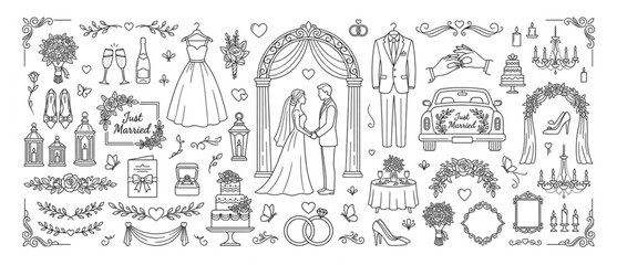 Obraz premium Detailed wedding ceremony and romantic marriage ceremony elements with marriage ceremony champagne ornament decoration chandelier invitation celebration anniversary commitment monochrome