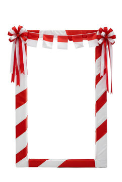 Festive Red And White Candy Cane Christmas Frame With Ribbons Bows And Blank Center On Transparent Background