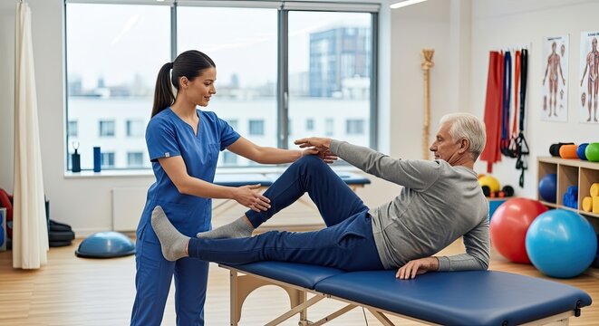 A physical therapist assists an elderly man with a leg exercise on a treatment table. The therapist, a young woman, is wearing a blue uniform and guiding his leg movement.