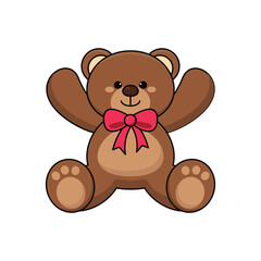 Obraz premium Happy Brown Teddy Bear with Arms Raised and Red Ribbon Bow Cartoon Illustration