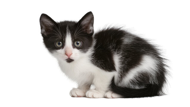 Black and white kitten with fluffy fur sitting