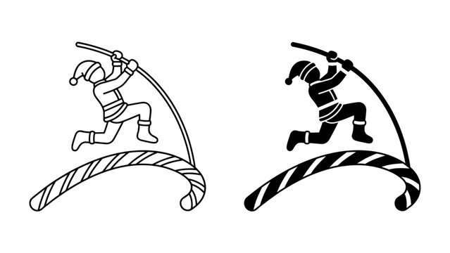 Christmas Pole Vaulting Elf Duo: Two elves dressed as Santa's helpers, one in outline and the other in silhouette, energetically pole vault over a candy cane, bringing a whimsical holiday spirit.