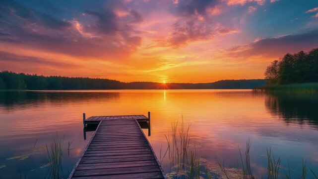 Colorful summer sunset of a lake with a wooden boat dock. AI