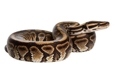 Fototapeta premium Ball Python coiled with patterned scales and dark eyes