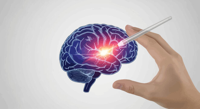 A hand holding a pen pointing to a glowing brain with a red light on a white background fgh 47 ai