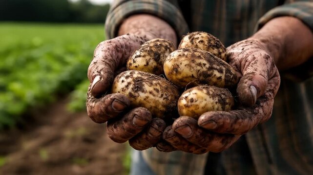 A handful of raw dirty potatoes freshly harvested from the ground. Weathered hands of a gardener showcasing the bounty of the earth and the beauty of rural agriculture life