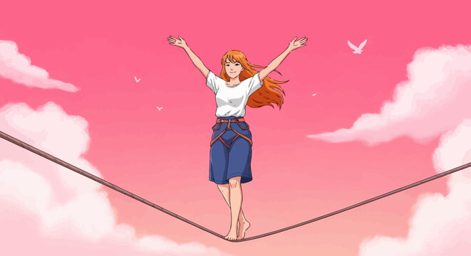 Young girl balances on a tightrope with arms outstretched in the air fgh.