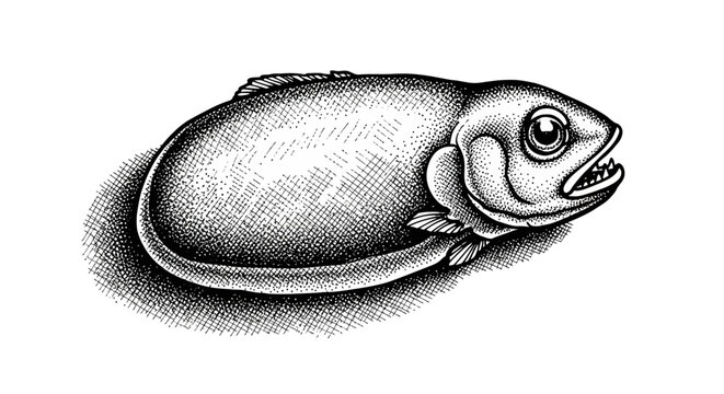 A detailed illustration of a fish emerging from a can, viewed from the side, showcasing its expressive face and body texture.