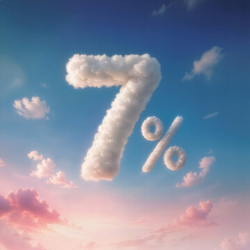 Cloud Shaped 7 Percent Symbol in Blue Sky with Soft Sunset Clouds, Interest Rate Concept