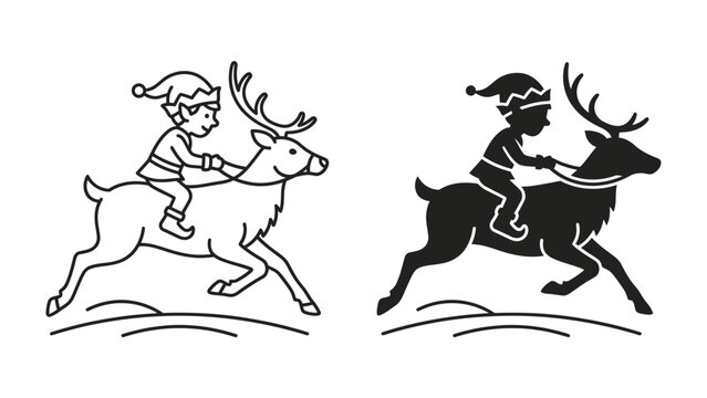 Christmas Elf Riding Reindeer: A playful Christmas elf wearing a festive hat and outfit rides on the back of a reindeer, set against a simple backdrop.
