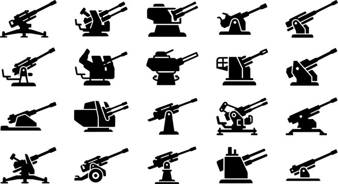 Anti Aircraft Gun Icon Set Isolated on White Background &ndash; Military Air Defense Cannon and Artillery Weapon Vector Silhouettes