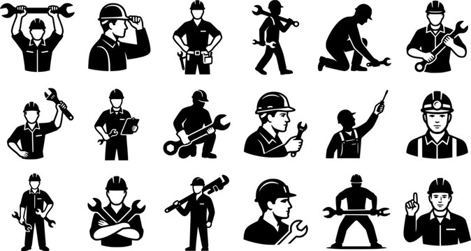 Millwright Worker Silhouette Icon Set Isolated on White Background &ndash; Industrial Mechanic, Maintenance Engineer and Wrench Tool Vector Symbols