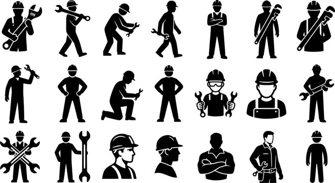 Millwright Worker Silhouette Icon Set Isolated on White Background &ndash; Industrial Mechanic, Maintenance Engineer and Wrench Tool Vector Symbols