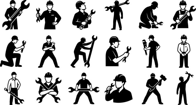 Millwright Worker Silhouette Icon Set Isolated on White Background &ndash; Industrial Mechanic, Maintenance Engineer and Wrench Tool Vector Symbols