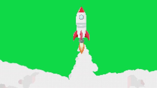 Pixeled rocket launcher  and smoke  launch with 8 bit ,retro style flaying from the ground to the sky suitable game design footage  and motion graphic, alpha channel only 4k.