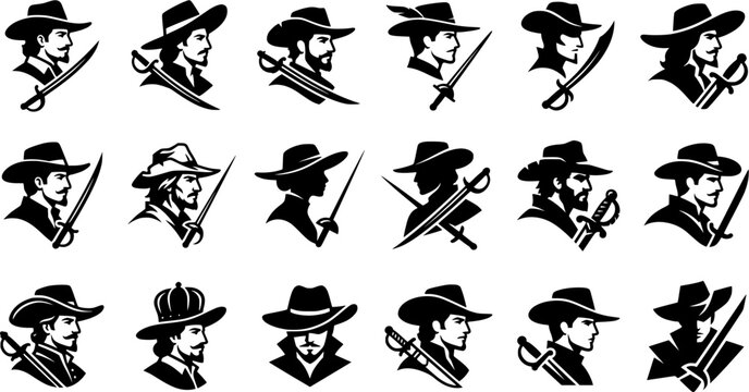 Cavalier Swordsman Profile Icon Set Isolated on White Background &ndash; Historical Swashbuckler, Musketeer and Rapier Fighter Vector Silhouettes