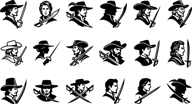 Cavalier Swordsman Profile Icon Set Isolated on White Background &ndash; Historical Swashbuckler, Musketeer and Rapier Fighter Vector Silhouettes