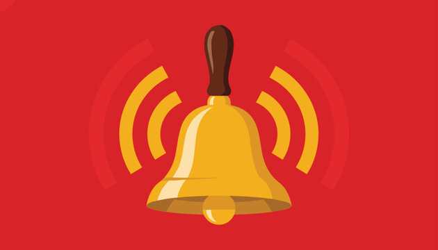 Golden ringing handbell vector illustration with sound waves on a vibrant red background representing alert or notification.