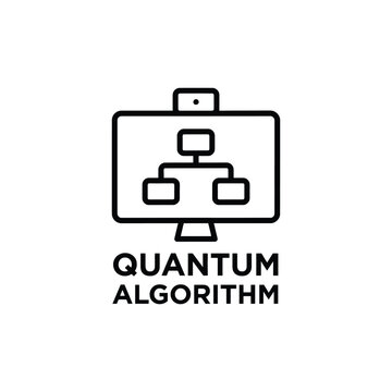 Quantum algorithm icon depicting a monitor with a branching diagram black line art on white computing display screen white
