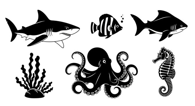 Black and White Vector Illustration of a Shark, Octopus Tentacles, and Seaweed on a White Background