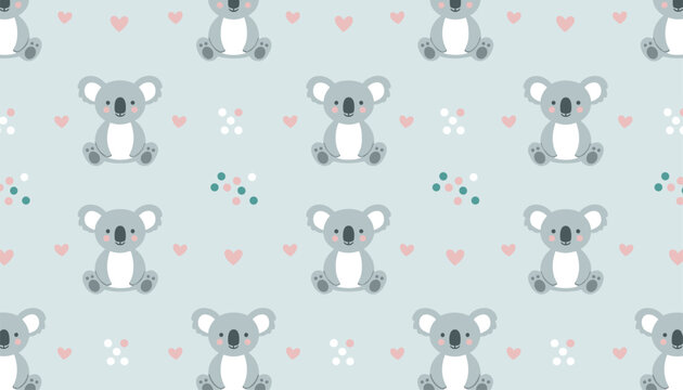 Cute cartoon koala seamless pattern featuring sweet animal characters and pink hearts on light blue background.