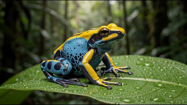 Poison dart frog opening its mouth on a wet leaf in the rainforest