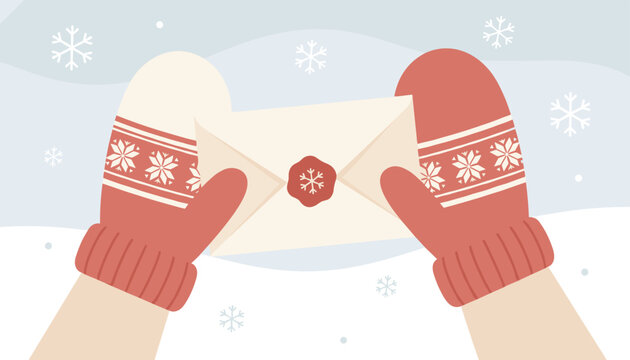 Cozy hands wearing red patterned mittens hold a winter greeting envelope sealed with a snowflake wax stamp.