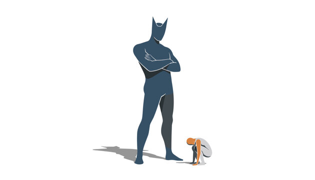 Massive dark superhero figure stands with folded arms above a tiny crouched person in a graphic conceptual scene.