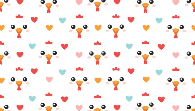 Seamless pattern featuring adorable cartoon chicken heads and colorful hearts on a clean white background.