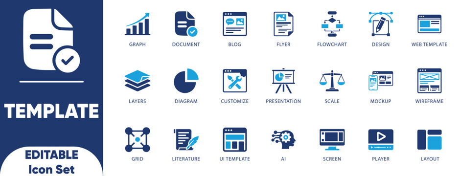 template icons set. flowchart, responsive, prototype, development, layout, set, template, and solid illustration.