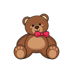 Fototapeta premium Cute Brown Teddy Bear Sitting with Red Bow Tie Cartoon Vector Illustration
