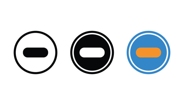 Minus sign inside circle button icon set representing remove subtract or decrease function in user interface design in three distinct minimalist and modern graphic styles