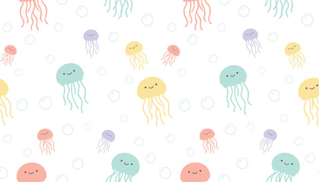 Pastel seamless pattern of cute smiling jellyfish swimming with air bubbles on a clean white background.