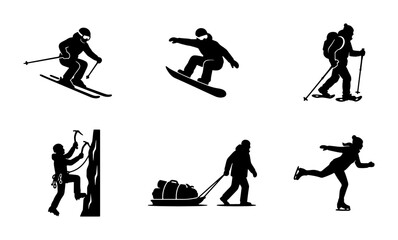 Fototapeta premium Winter Sports Icons Set, Snowboarding, Skiing, Ice Skating, Mountaineering, Sledding, Vector Graphics Collection for Outdoor Activity and Recreation
