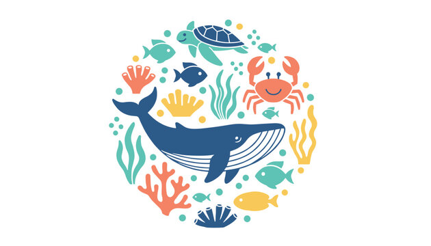 Beautiful circular design featuring marine animals like whale, turtle, crab, and fish surrounded by sea weeds.