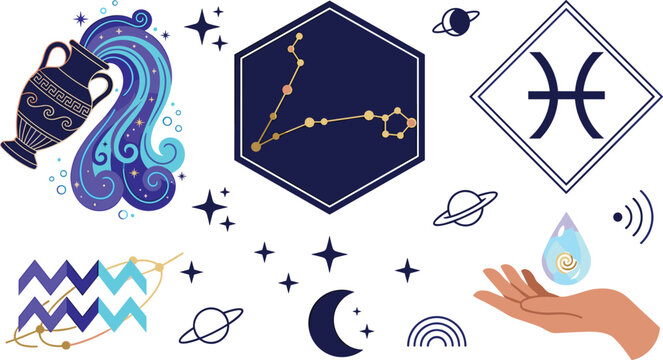 Astrology Zodiac Vector Sign Set Featuring Aquarius Water Bearer Pisces Constellation Symbols Crescent Moon and Mystical Esoteric Elements for Horoscope Designs