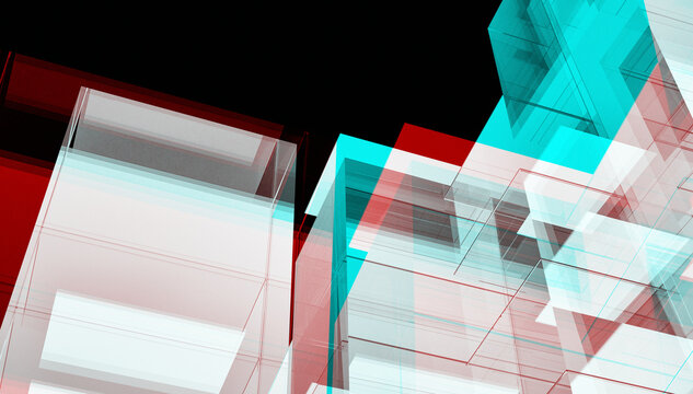 Abstract 3D Render of Futuristic Glass Cubes with Cyan and Red Chromatic Aberration.