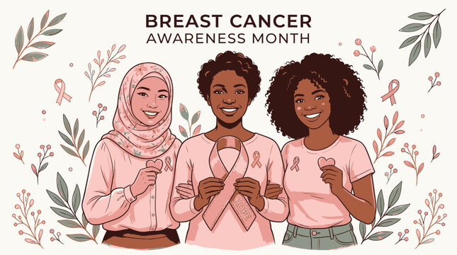 Breast Cancer Awareness Month Three women standing together holding pink awareness ribbon for breast cancer awareness month vector graphic