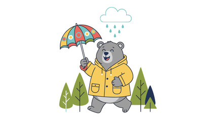 Obraz premium Cute gray teddy bear wearing a yellow raincoat and holding a colorful umbrella walking under a rainy gray cloud.