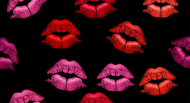 Vibrant lips in various shades of pink and red are arranged in a pattern on a black background.