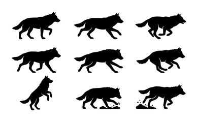 Fototapeta premium Wolf Silhouette Set, Dynamic Animal Poses, Wildlife Vector Icons, Running and Standing Canine Graphics, Black and White Nature Illustrations